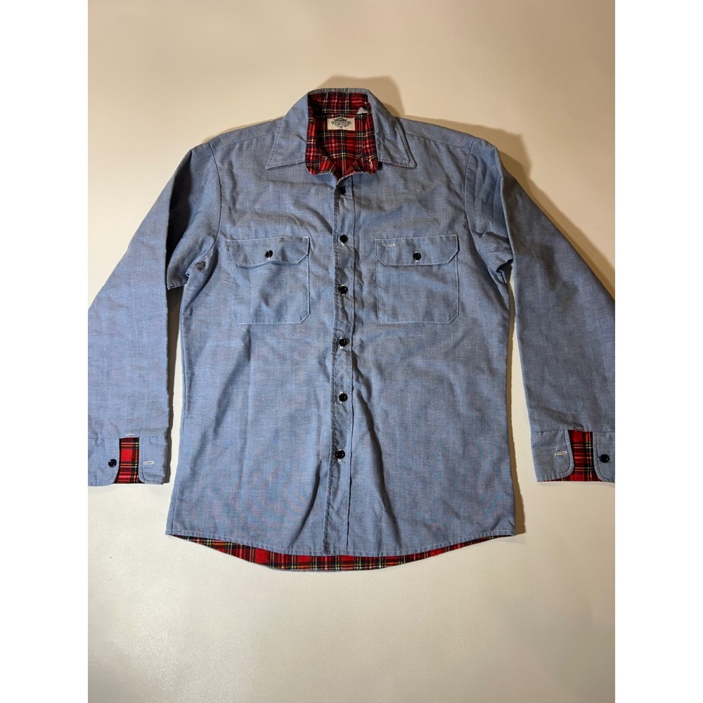 Fieldmaster Work Shirt Mens Medium Blue Good Vintage Plaid Lined Chambray USA